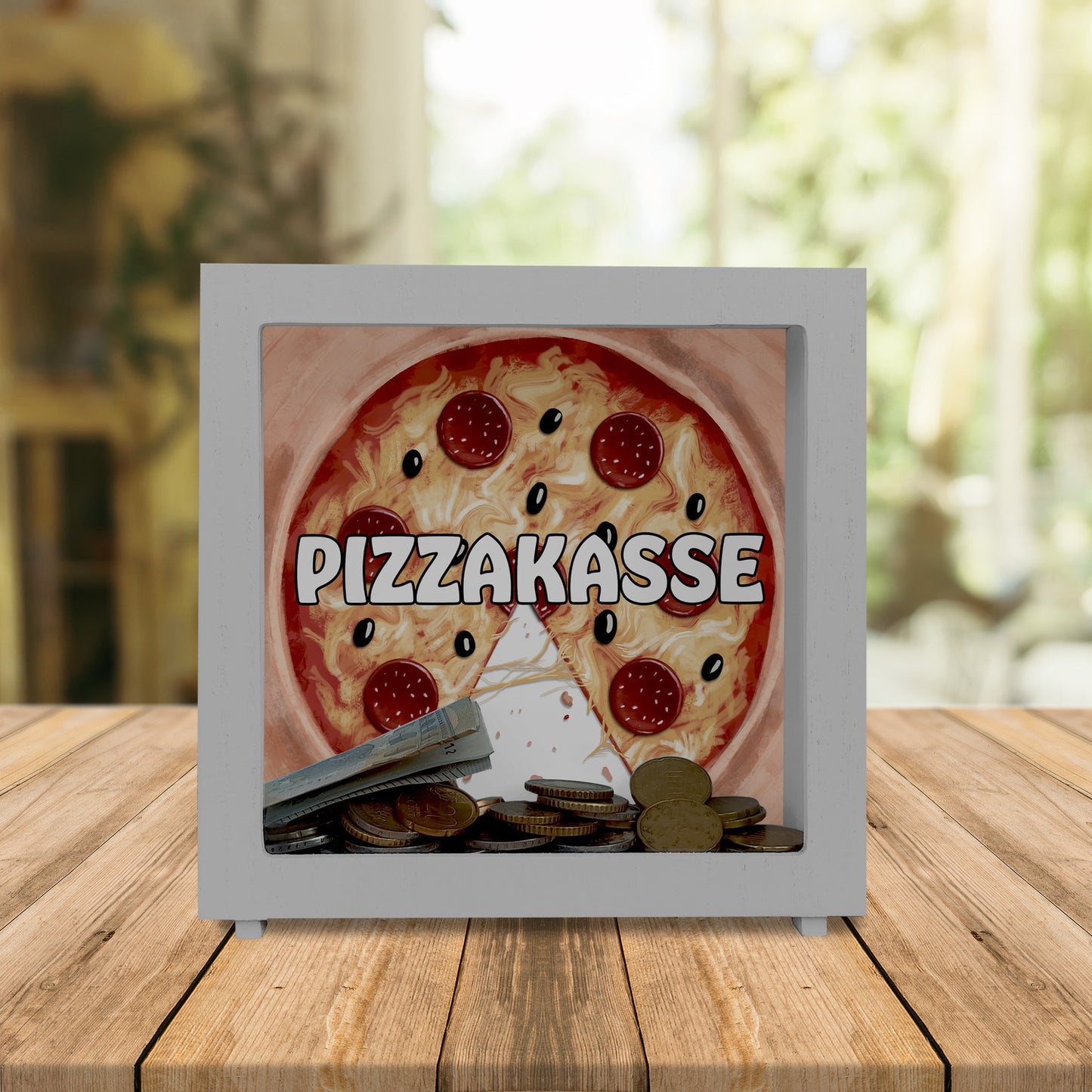 Pizzakasse Rahmen Spardose aus Holz mit Pizzamotiv