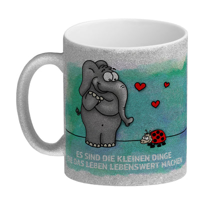 Es sind die kleine Dinge die das Leben lebenswert machen Glitzer-Glitzer-Kaffeebecher mit Elefant und Marienkäfer Motiv