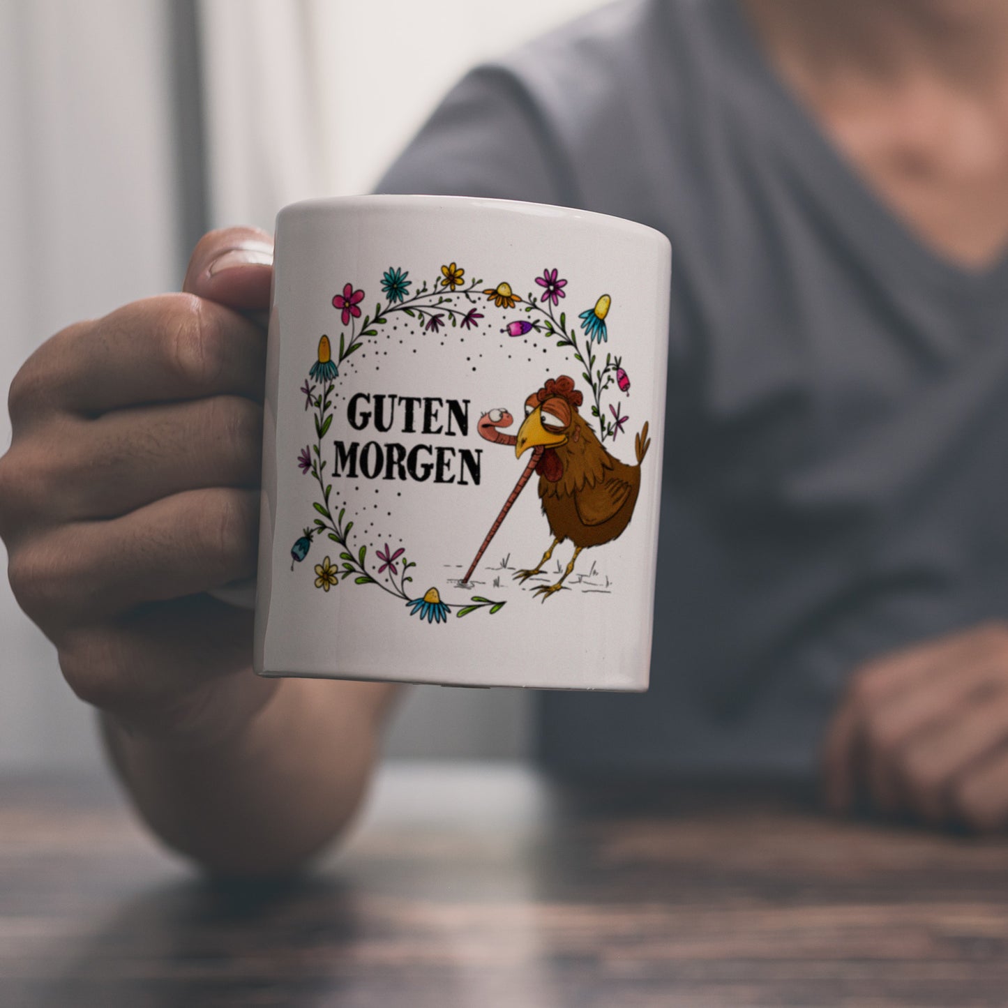 Guten Morgen Kaffeebecher mit Huhn und Wurm Motiv