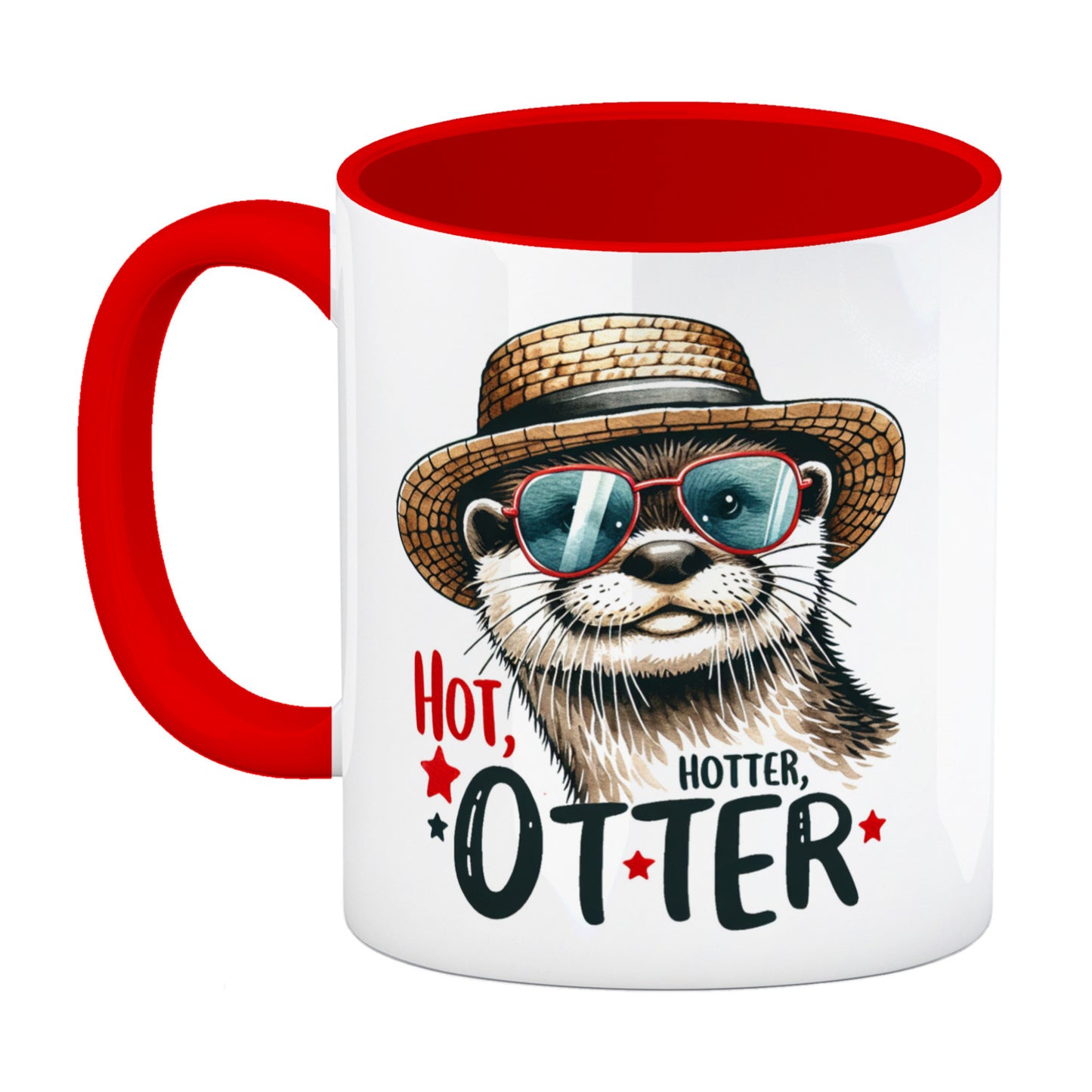 Otter mit Sonnenbrille und Strohhut Kaffeebecher in rot mit Spruch Hot Hotter Otter