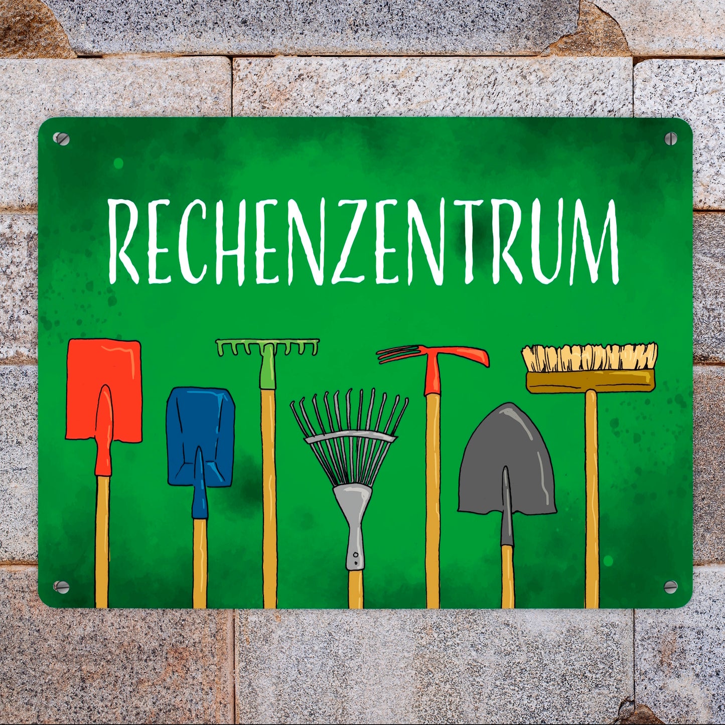 Rechenzentrum Metallschild XL in 21x28 cm mit Gartengeräten