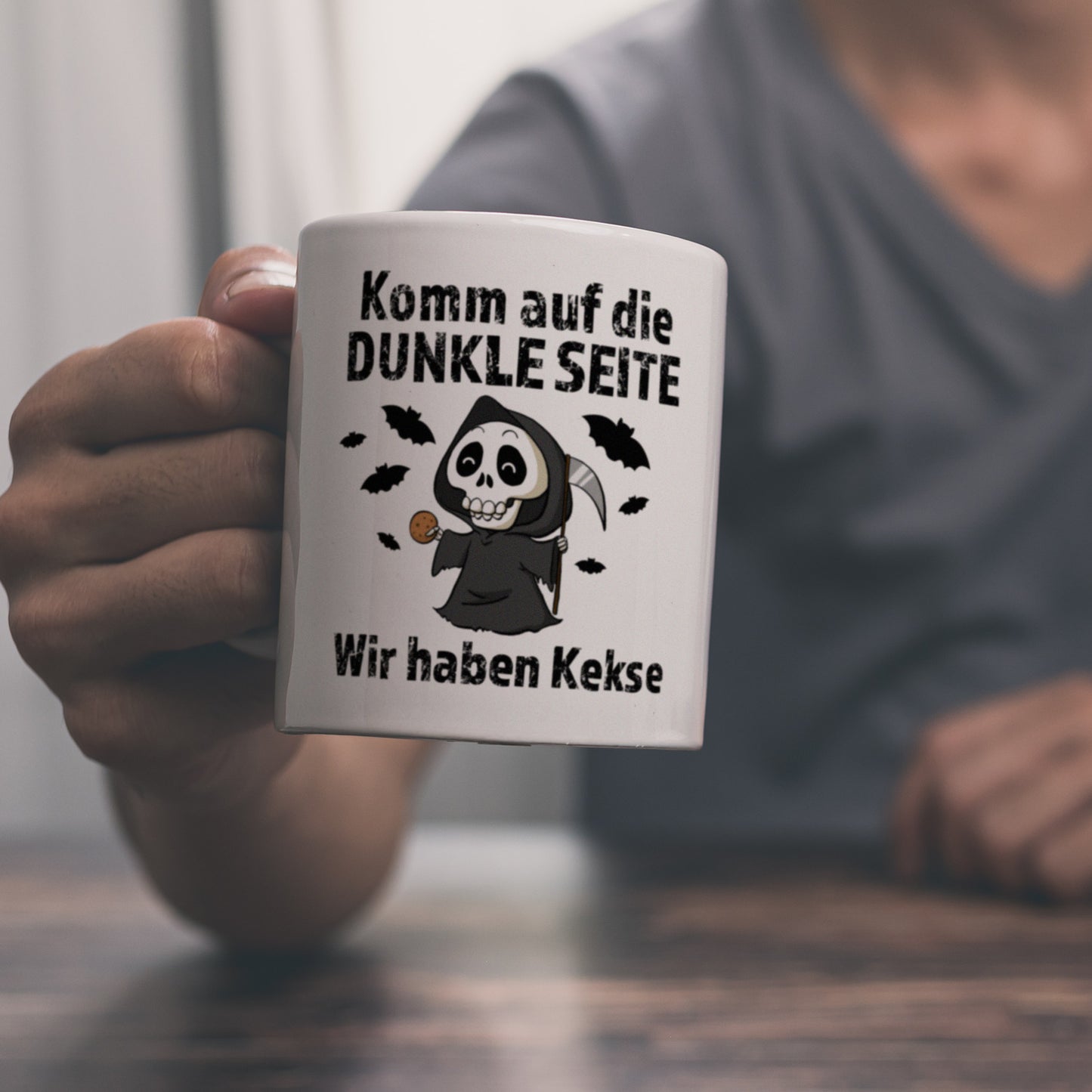 Komm auf die dunkle Seite Kaffeebecher mit Spruch Wir haben Kekse