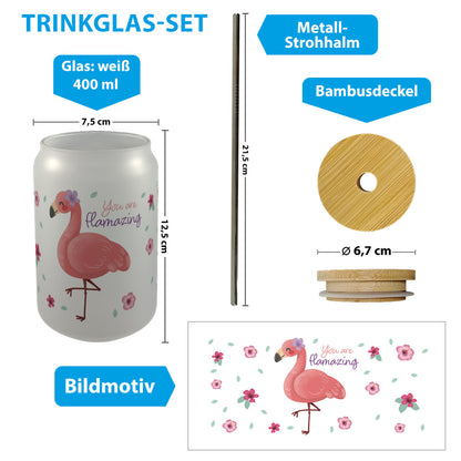 Flamingo Trinkglas mit Bambusdeckel mit Spruch You are flamazing