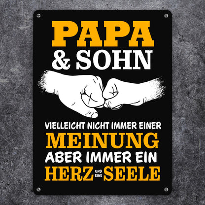 Papa & Sohn, ein Herz und eine Seele Metallschild XL in 21x28 cm mit Spruch in gelb