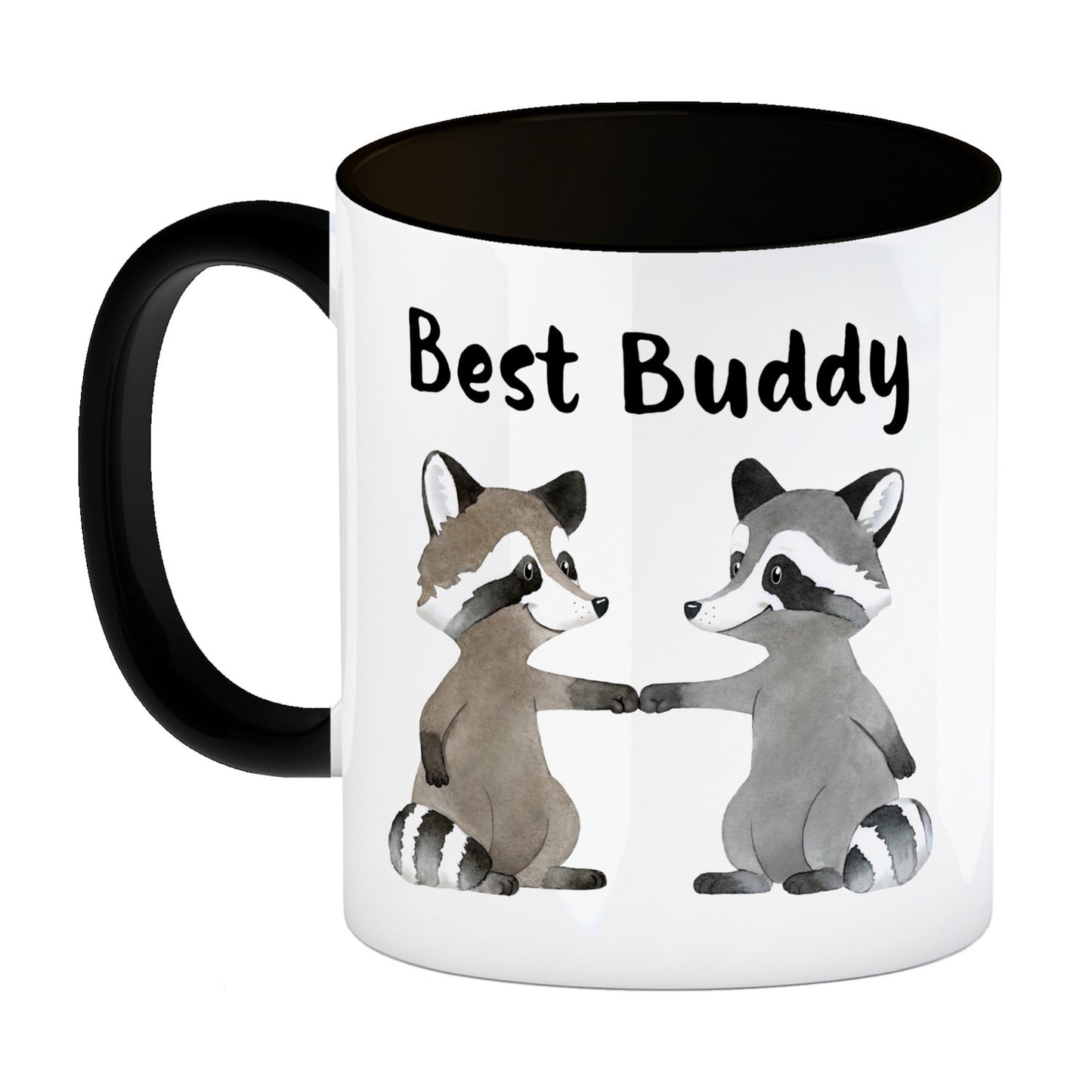 Waschbär Bruder und Kumpel Kaffeebecher in schwarz mit Spruch Best Buddy