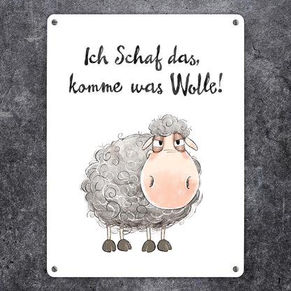 Schaf Metallschild XL in 21x28 cm mit Spruch Ich Schaf das komme was Wolle