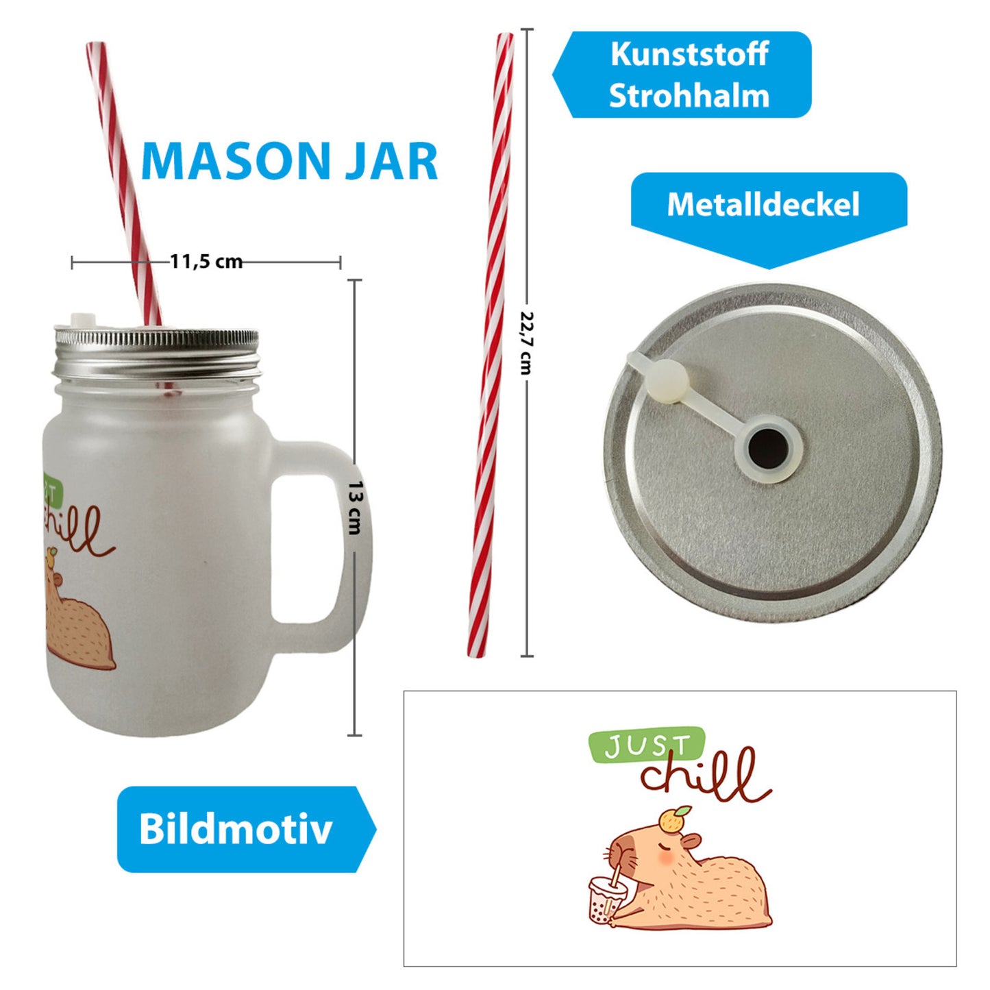 Capybara mit Bubble Tea Mason Jar Henkel Trinkglas mit Deckel mit Spruch Just Chill