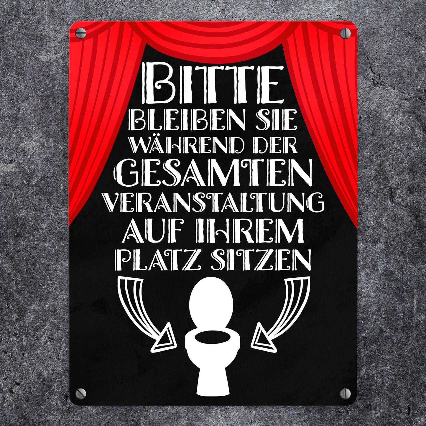 Bitte sitzen bleiben Toiletten Metallschild in 15x20 cm mit rotem Vorhang