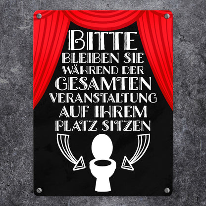 Bitte sitzen bleiben Toiletten Metallschild in 15x20 cm mit rotem Vorhang