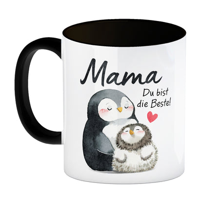 Pinguin Mutter und Kind Kaffeebecher in schwarz mit Spruch Mama du bist die Beste