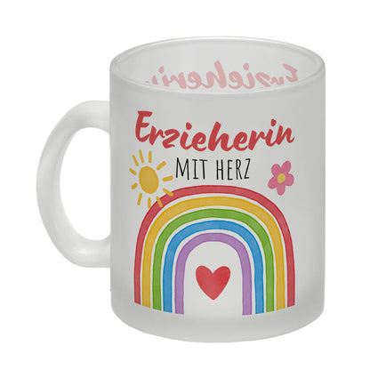 Regenbogen Glas Tasse mit Spruch Erzieherin mit Herz