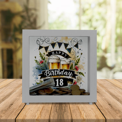 Happy Birthday 18 Bierkrug Rahmen Spardose aus Holz