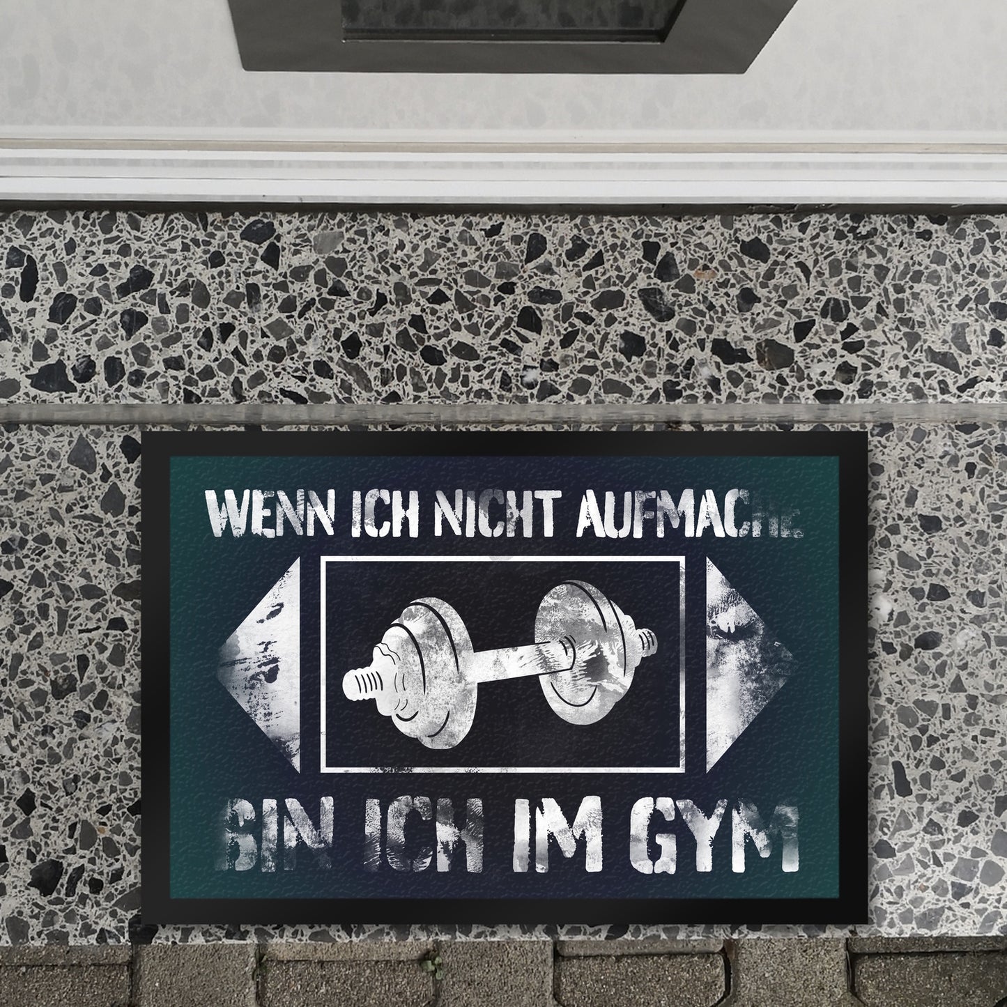 Wenn ich nicht aufmache bin ich im Gym Fußmatte XL in 40x60 cm mit Hantel