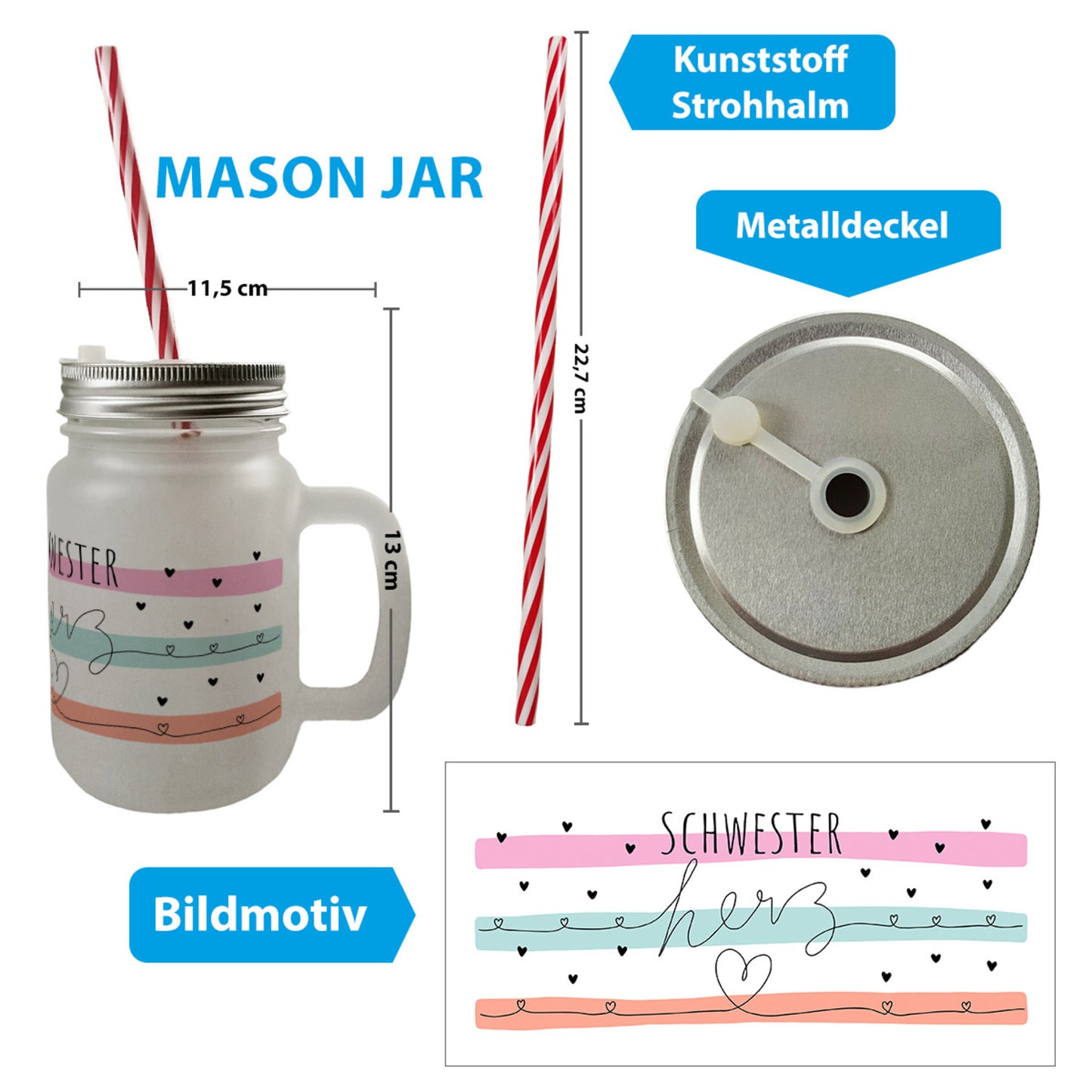 Herzen Mason Jar Henkel Trinkglas mit Deckel mit Spruch Schwesterherz