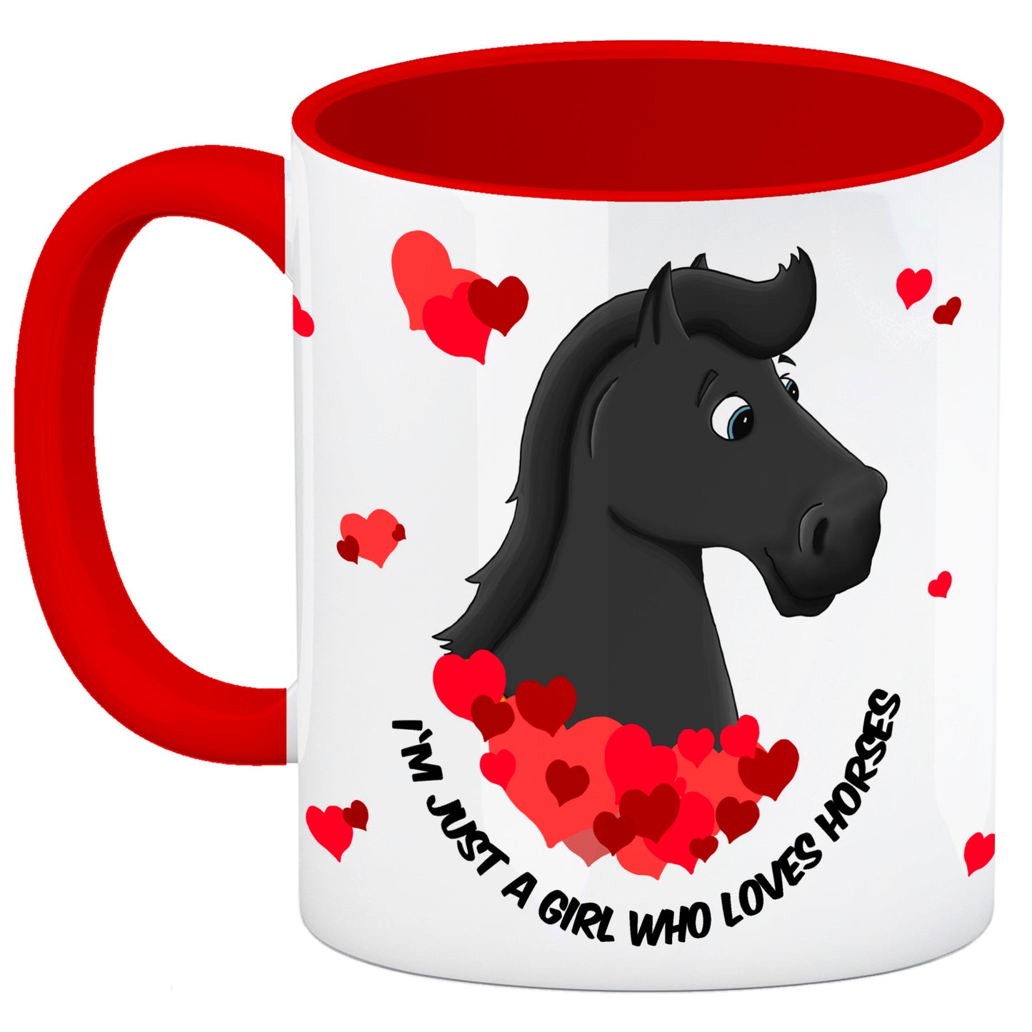 I'm just a girl who loves horses Kaffeebecher Henkel und Innenseite Rot mit schwarzes Pferd Motiv