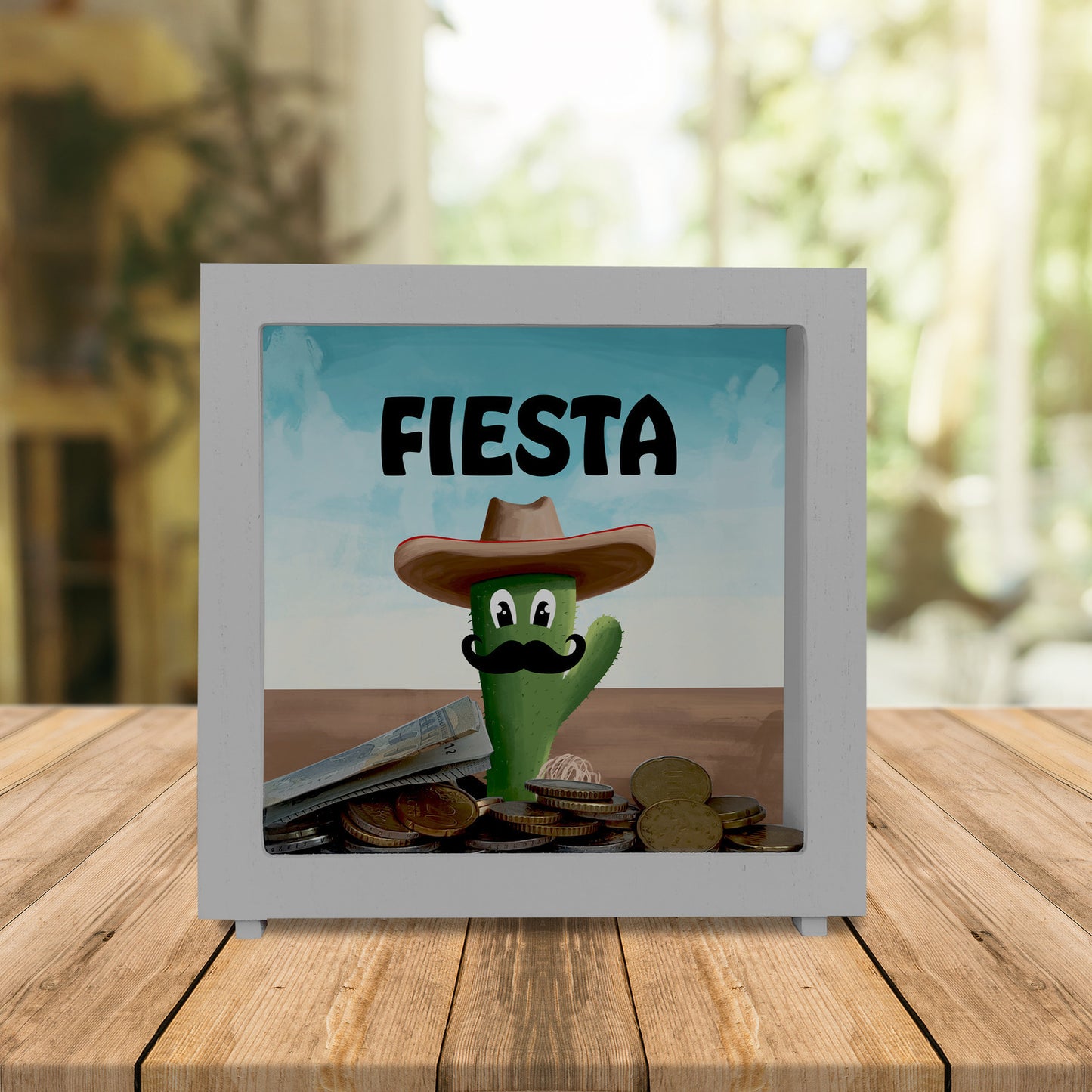 Fiesta - Kaktus mit Sombrero Rahmen Spardose aus Holz