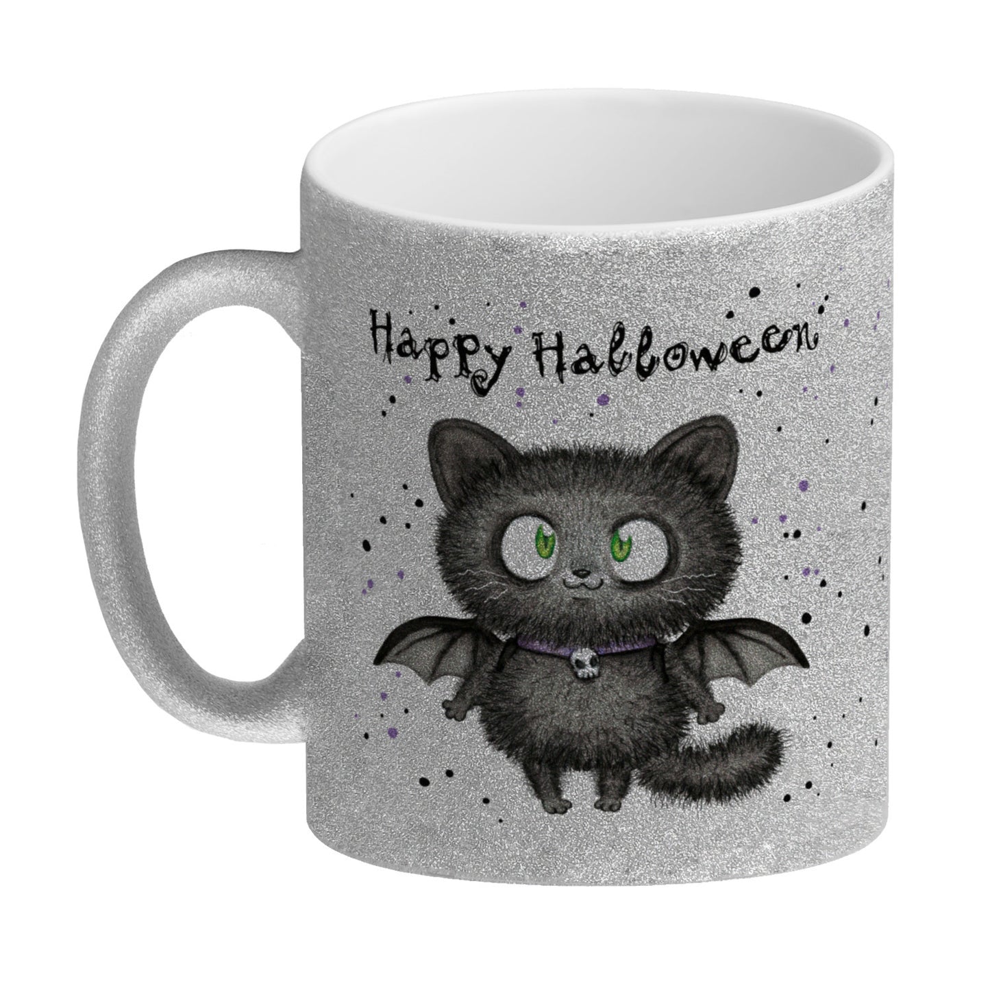 Happy Halloween Glitzer-Kaffeebecher mit schwarzer Fledermaus-Katze