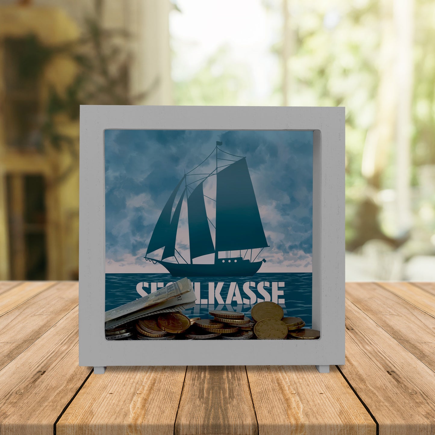 Segelkasse Rahmen Spardose aus Holz mit Segelschiff