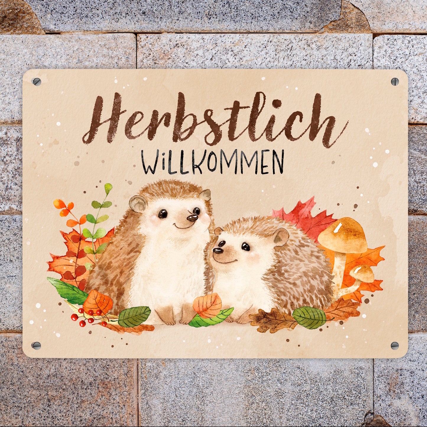 Igel Paar Metallschild XL in 21x28 cm mit Spruch Herbstlich Willkommen