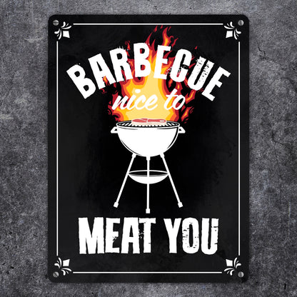 Barbecue - nice to meat you Metallschild XL in 21x28 cm mit Grill