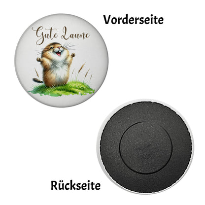 jubelnder Lemming Magnet rund mit Spruch Gute Laune