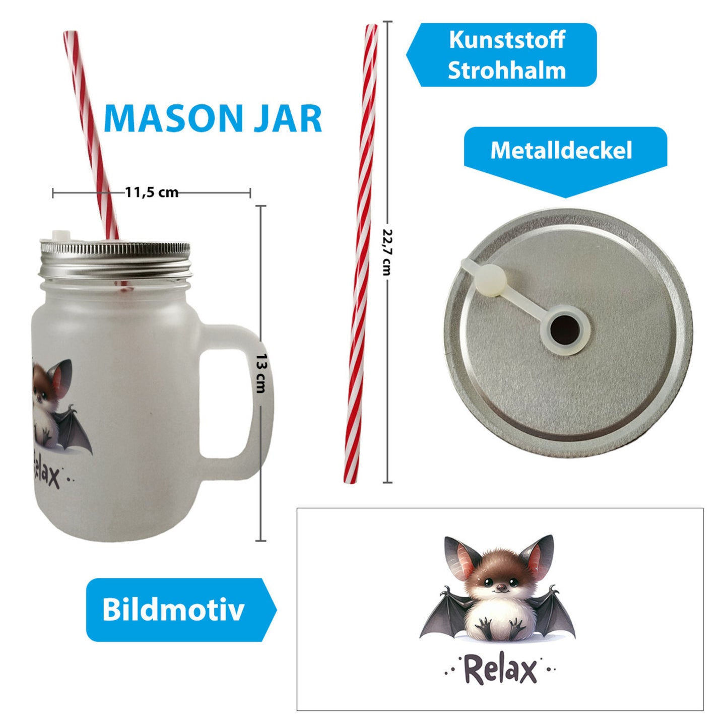 Baby Fledermaus Mason Jar Henkel Trinkglas mit Deckel mit Spruch Relax