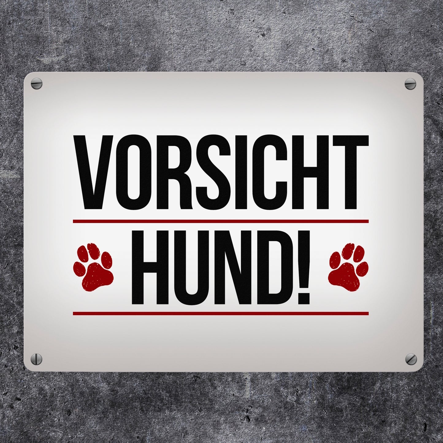 Vorsicht Hund! Metallschild mit Pfoten in rot