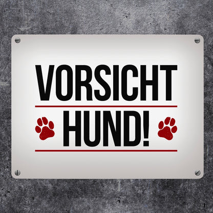 Vorsicht Hund! Metallschild mit Pfoten in rot