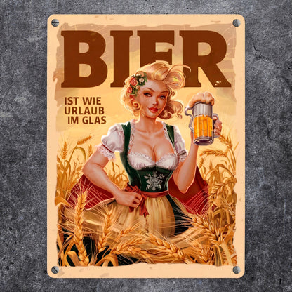 Frau im Dirndl - Bier ist wie Urlaub Metallschild in 15x20 cm