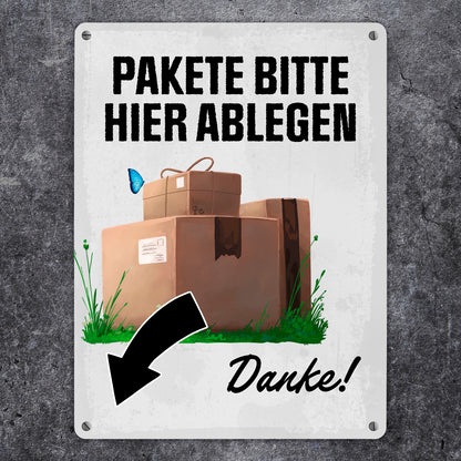 Pakete bitte hier ablegen, Danke! Metallschild XL in 21x28 cm - Pfeil links