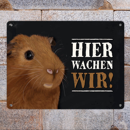 Hier wachen wir! Metallschild XL mit Meerschweinchen Motiv