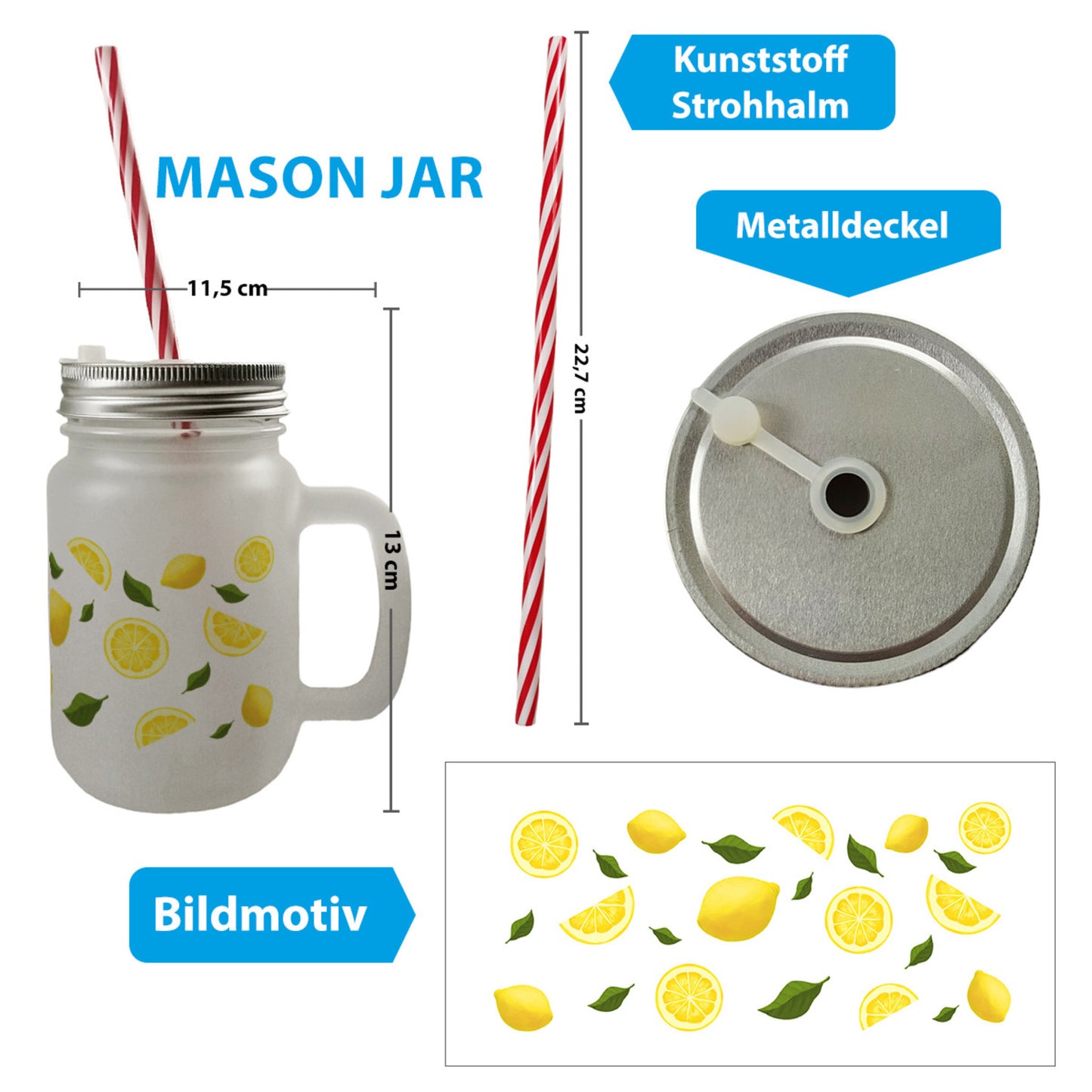 Zitronen Mason Jar Henkel Trinkglas mit Deckel