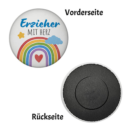 Regenbogen Magnet rund mit Spruch Erzieher mit Herz