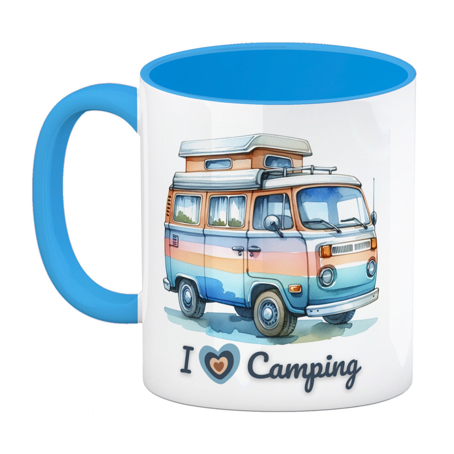 Campervan Kaffeebecher in hellblau mit Spruch I love Camping