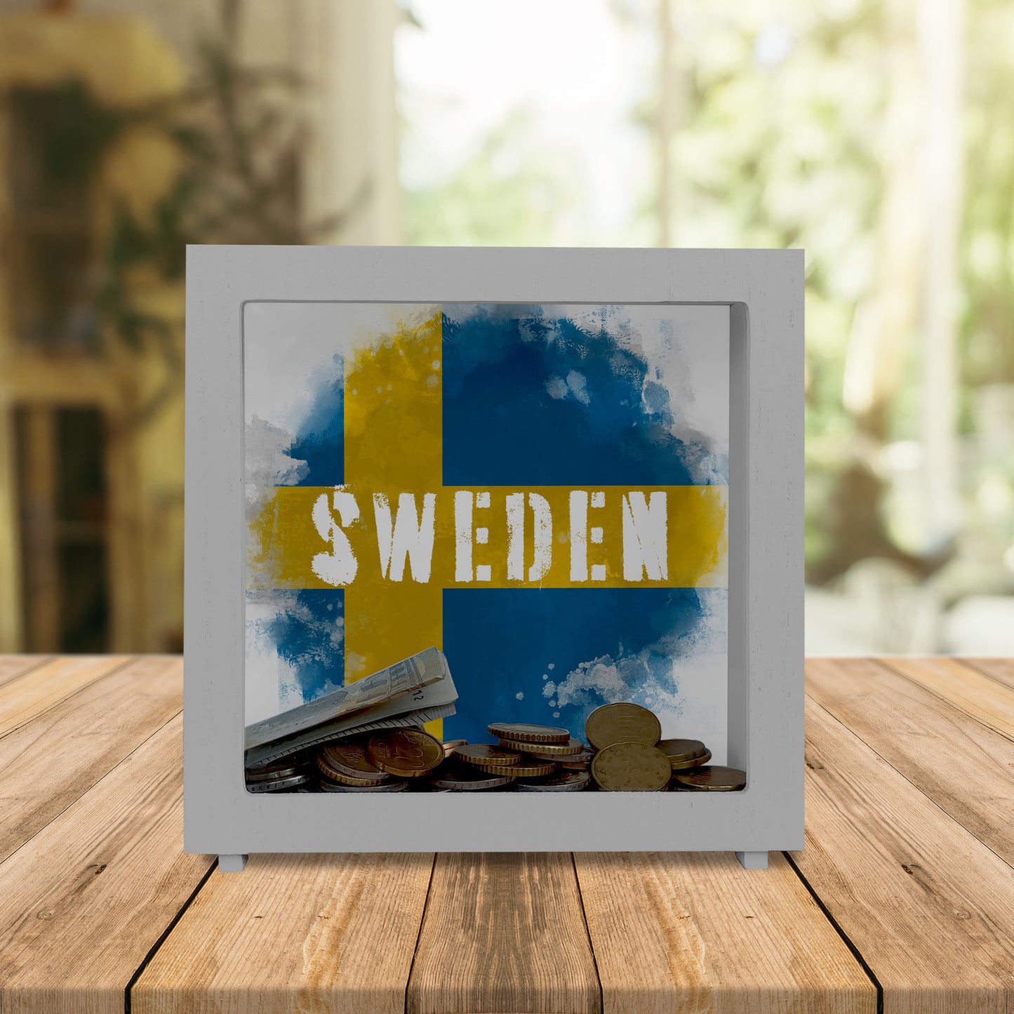 Rahmen Spardose aus Holz mit Schweden-Flagge im Used Look - Sparschwein für Urlauber