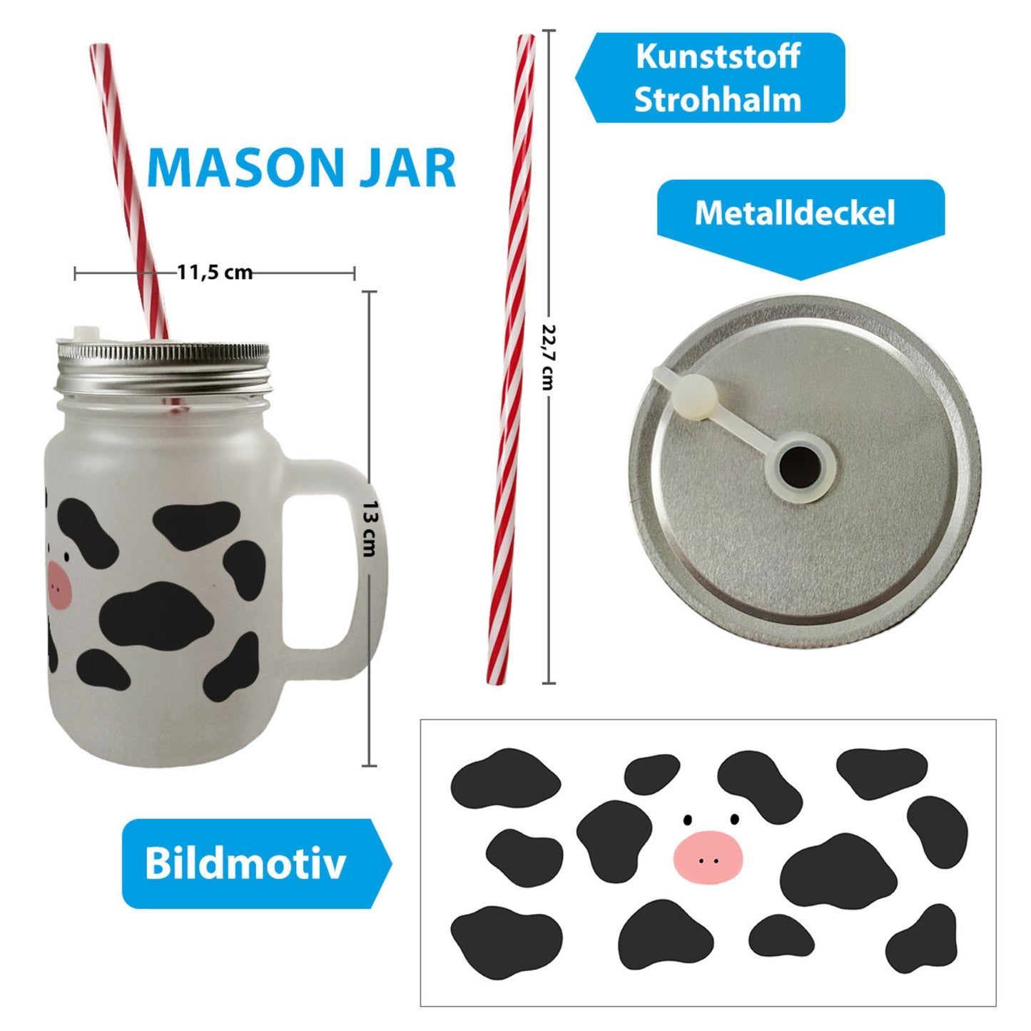 Kuh Mason Jar Henkel Trinkglas mit Deckel in schwarz