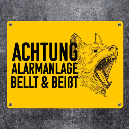 Achtung Alarmanlage bellt und beißt Metallschild in 15x20 cm mit Hunde Motiv