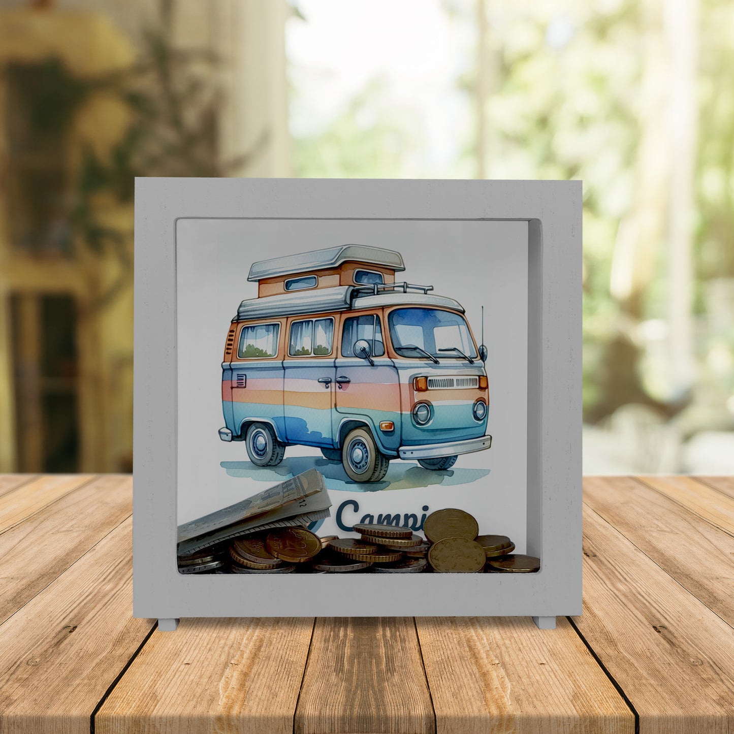 Campervan Rahmen Spardose aus Holz mit Spruch I love Camping