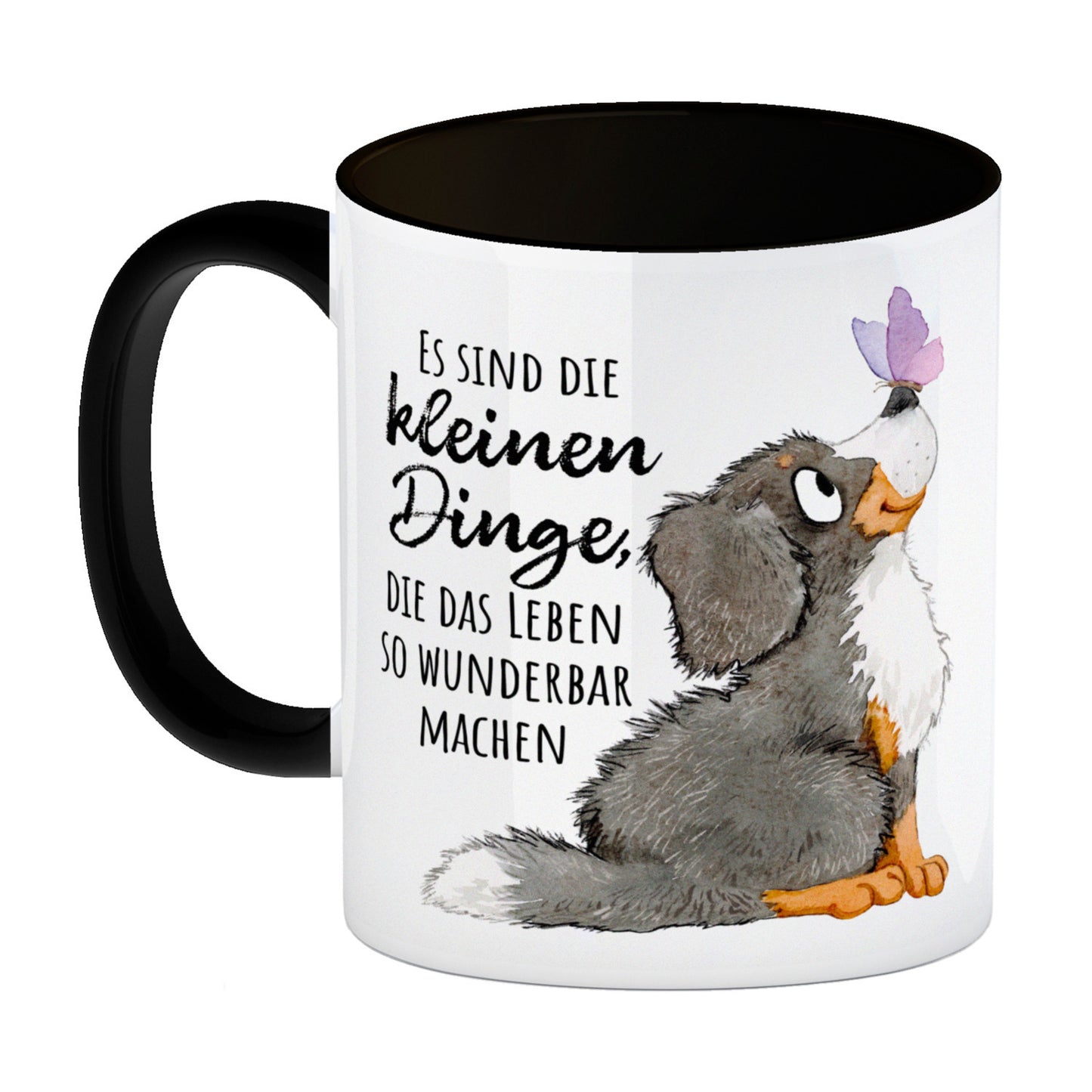 Hund Kaffeebecher in schwarz mit Spruch Die kleinen Dinge machen das Leben so wunderbar