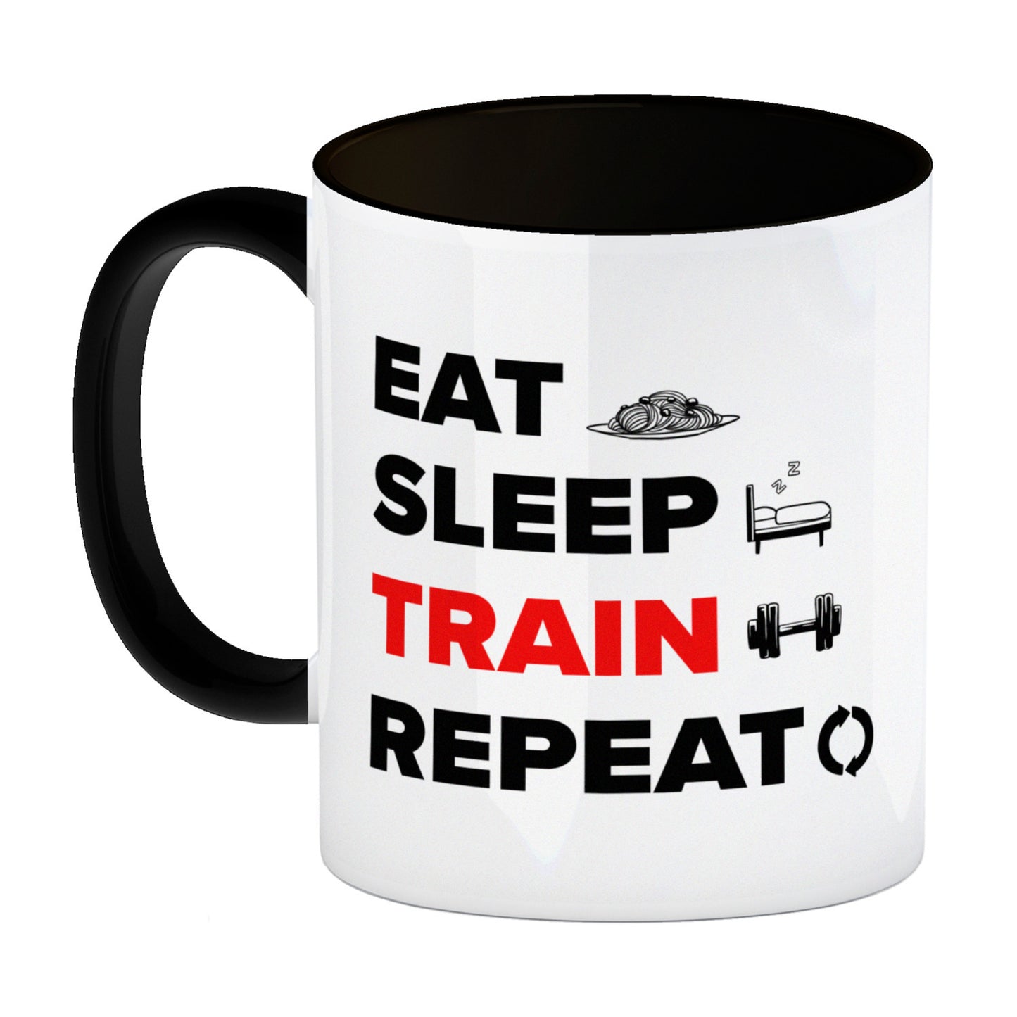 Eat Sleep Train Repeat Fitness Kaffeebecher Schwarz