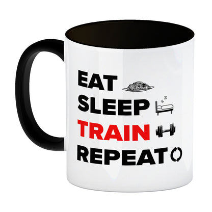 Eat Sleep Train Repeat Fitness Kaffeebecher Schwarz