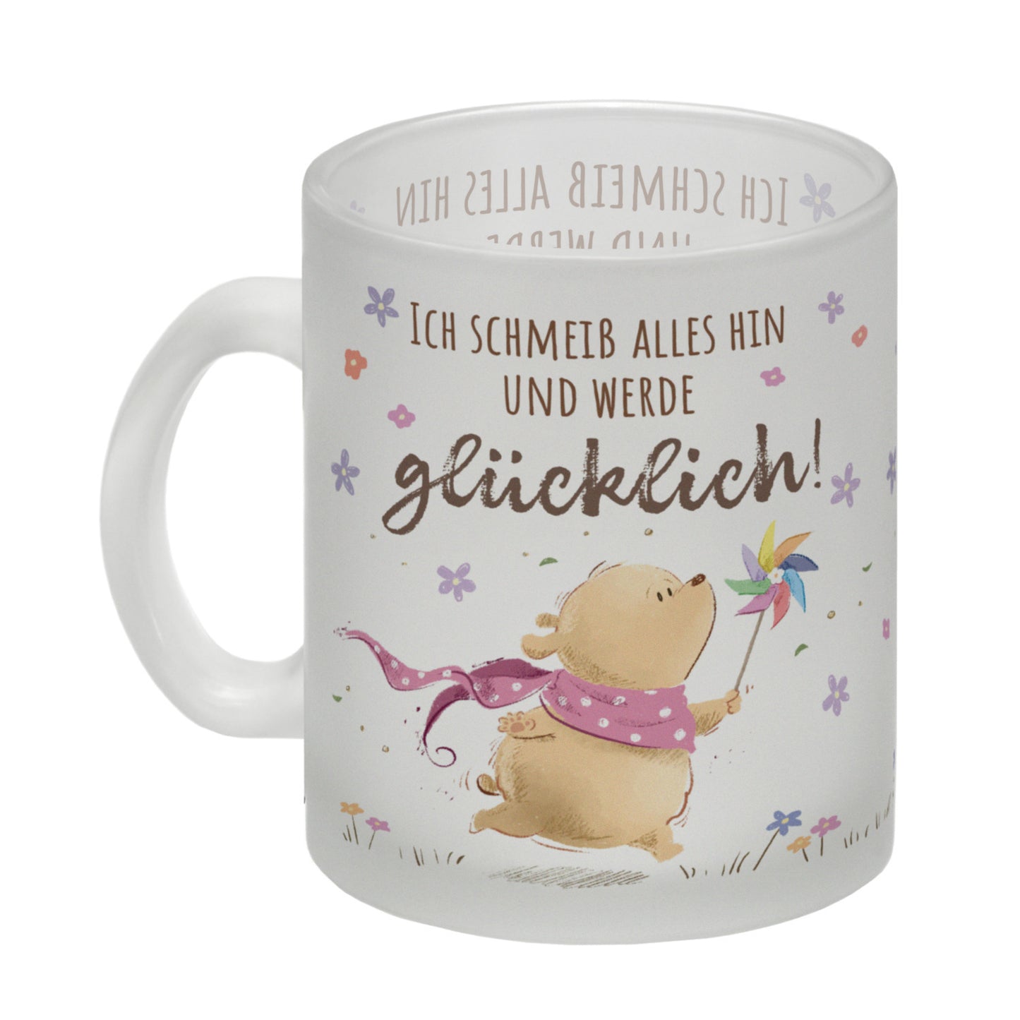 Glücklicher Bär Glas Tasse mit Spruch Ich schmeiß alles hin