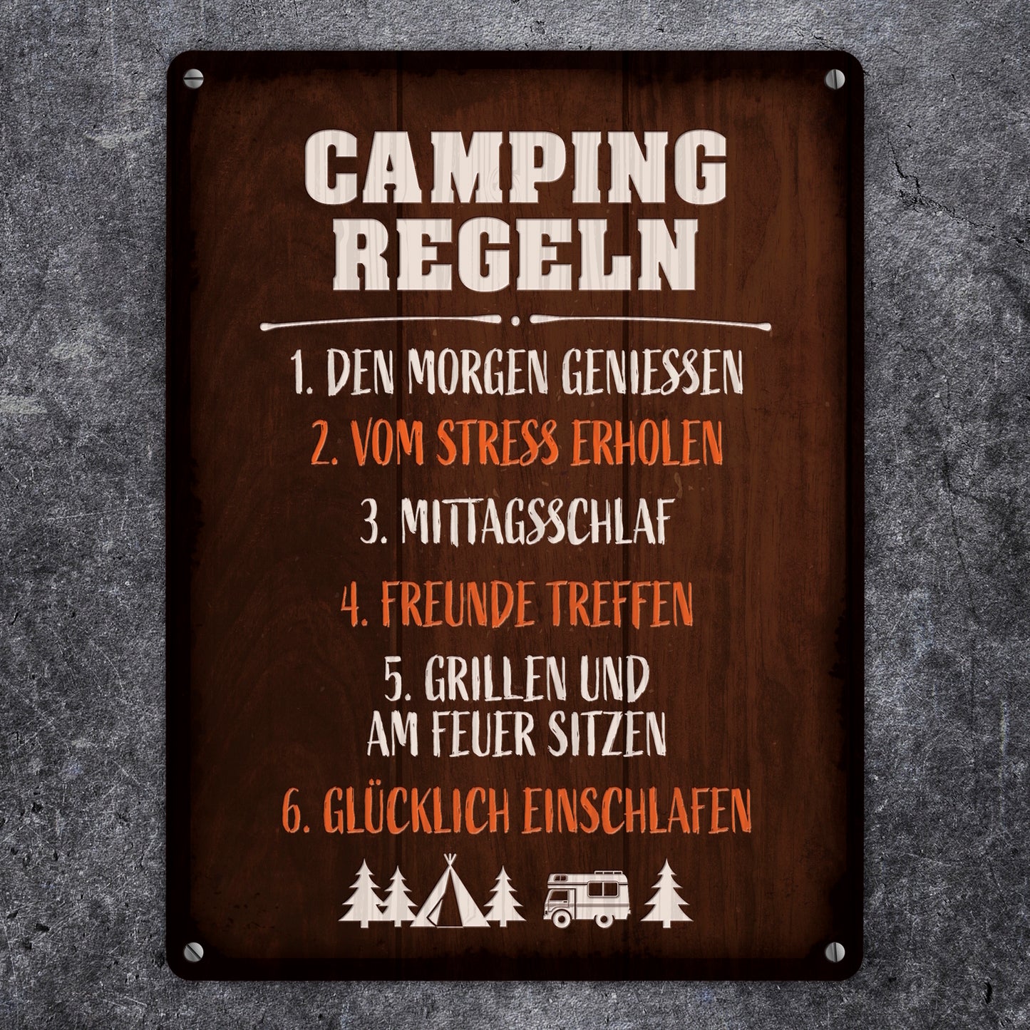 Metallschild XL mit Camping Motiv und Spruch: Camping regeln