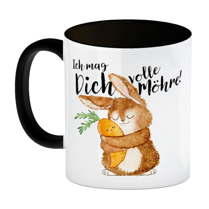 Hase Kaffeebecher in schwarz mit Spruch Ich mag dich volle Möhre