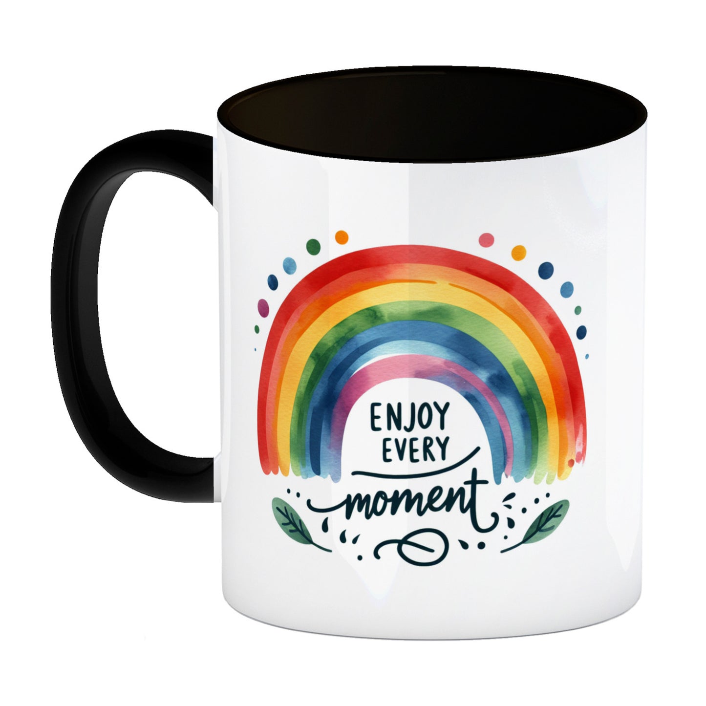 Regenbogen Kaffeebecher in schwarz mit Spruch Enjoy every moment