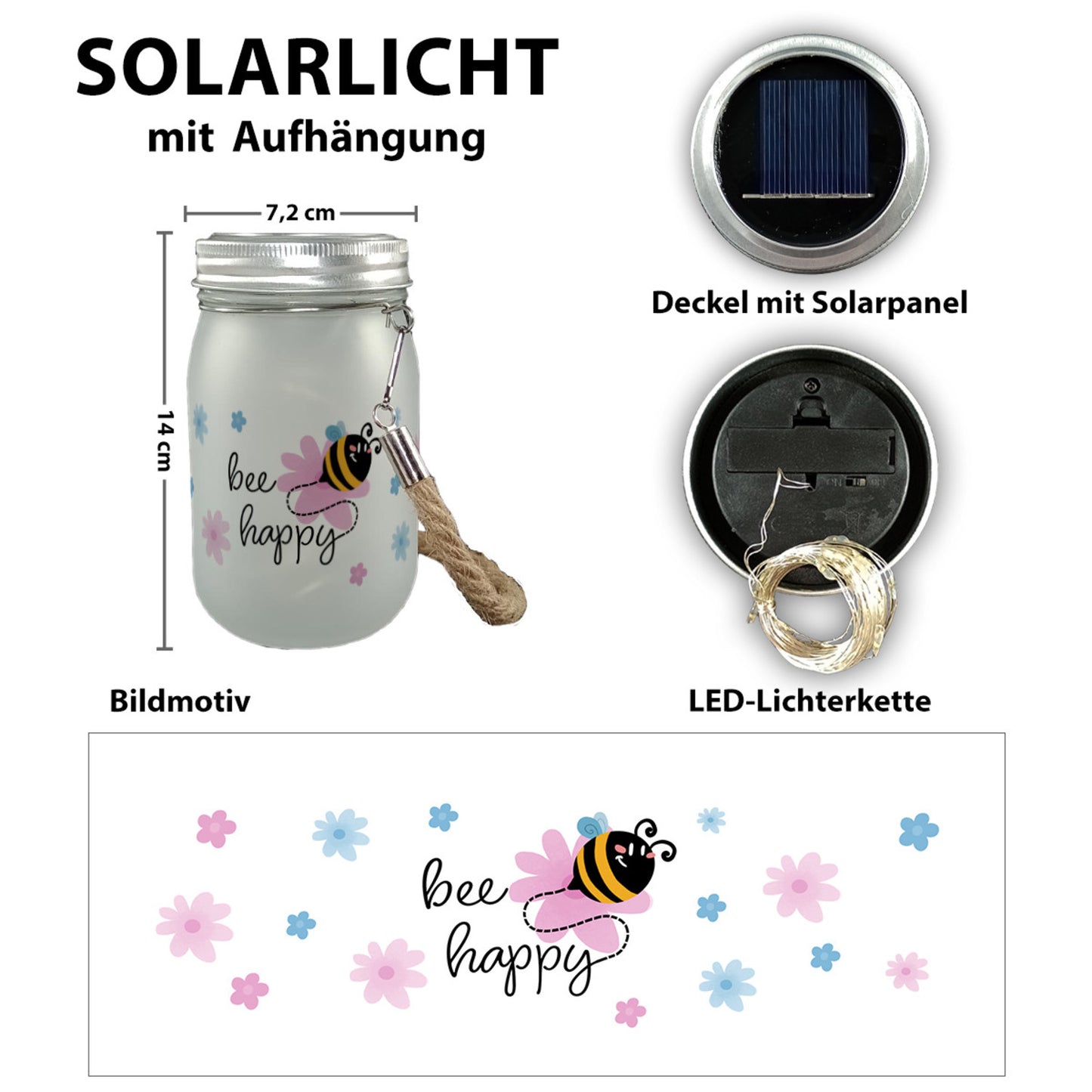 Bee happy Solarlicht mit niedlicher Biene und Blumen