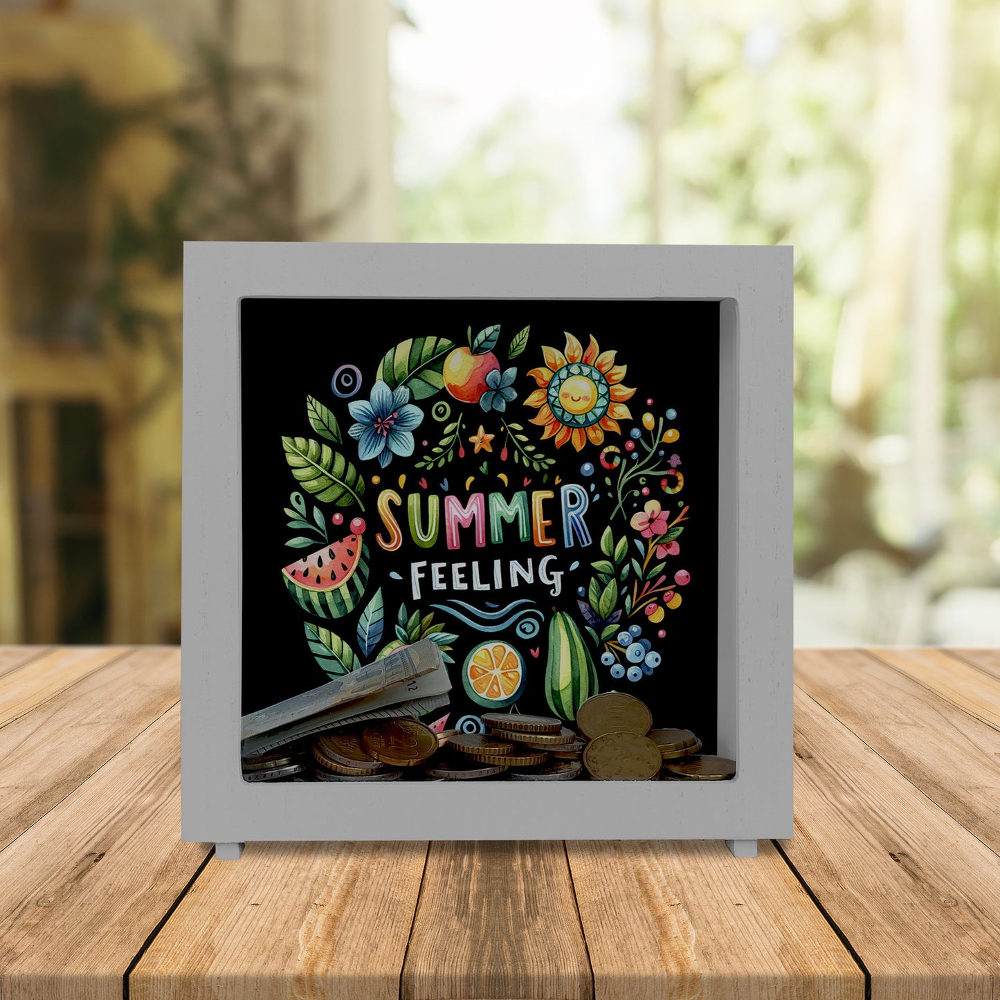 Sommer Vibes Rahmen Spardose aus Holz mit Spruch Summer feeling