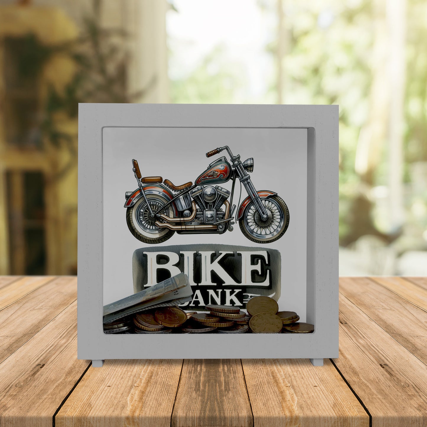 Retro Chopper Motorrad Rahmen Spardose aus Holz mit Spruch Bike Bank