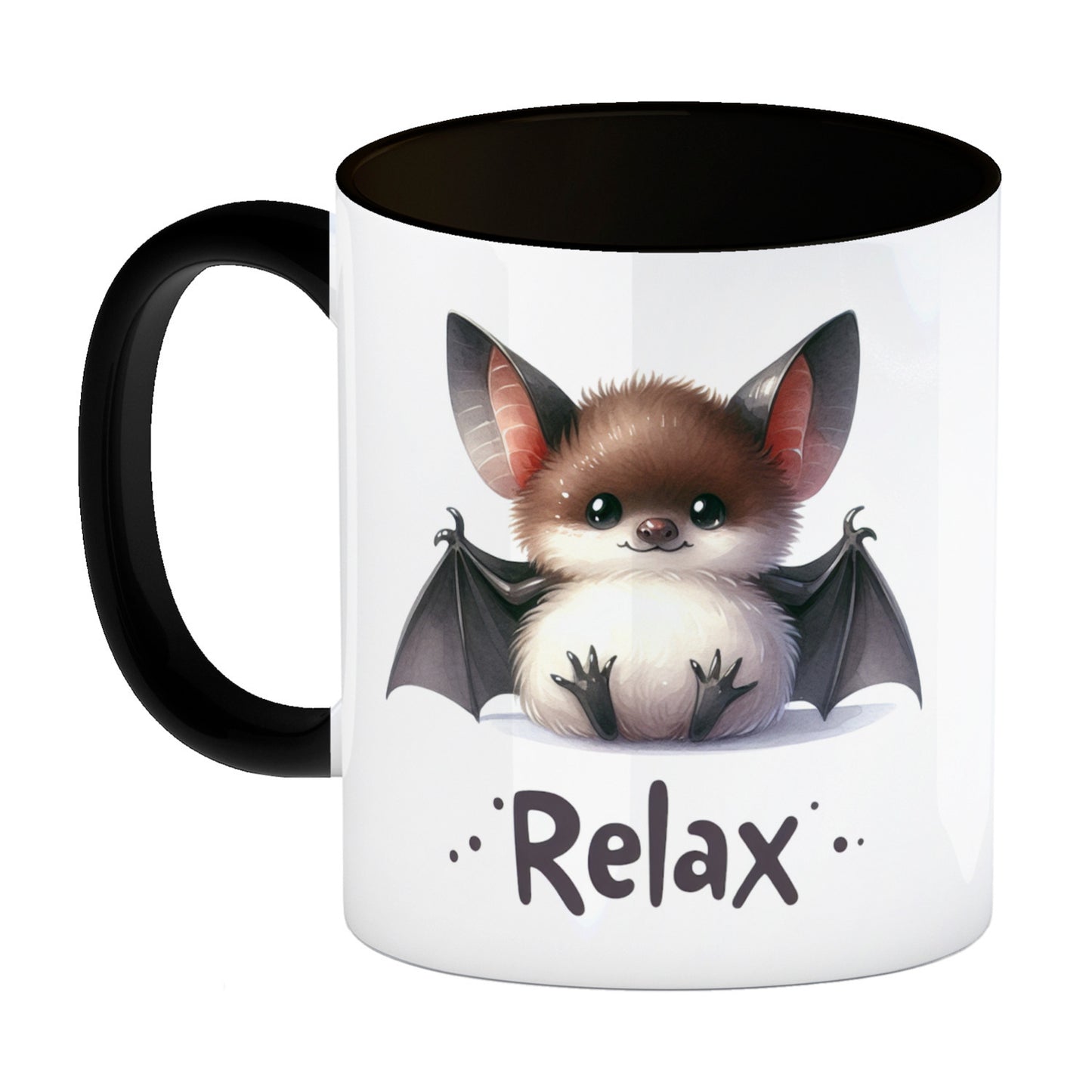 Baby Fledermaus Kaffeebecher in schwarz mit Spruch Relax