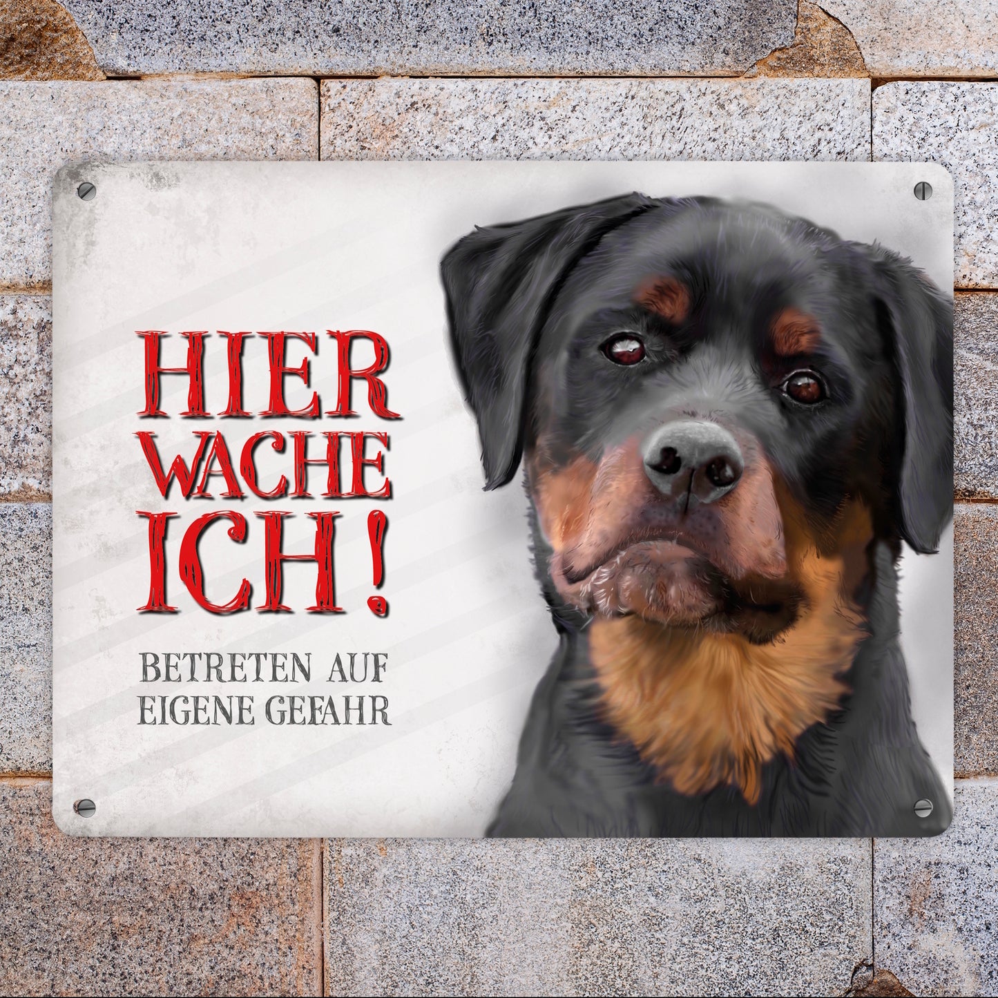 Metallschild XL mit Rottweiler Motiv und Spruch: Betreten auf eigene Gefahr ...